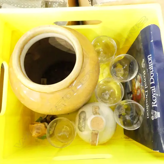 BOX LOT STONE CROCK GLASSES ETC
