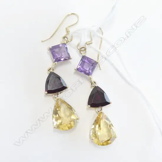 **RTV** 14ct GOLD & GEMSTONE DROP EARRINGS, AMETHYST, GARNET, CITRINE