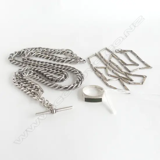 STG & GREENSTONE RING 3.4gms, 2 SILVER NECKLACES 68.7gms