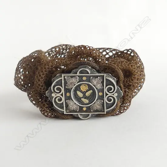 VICTORIAN WOVEN HAIR BRACELET w. SILVER & GOLD PANEL