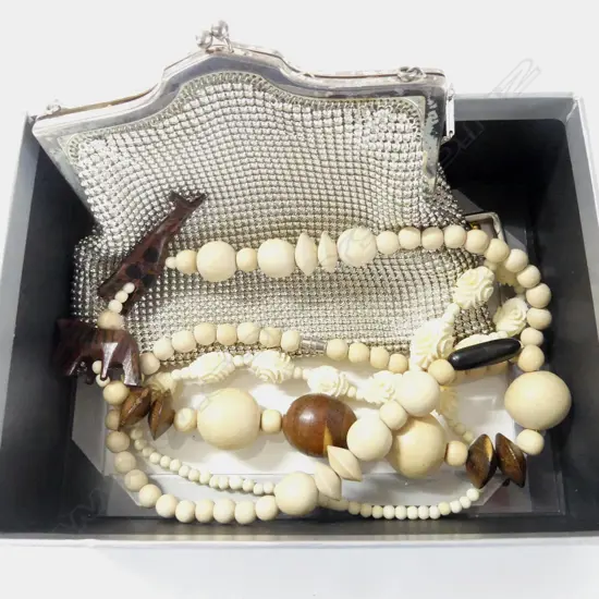 ASST. COSTUME JEWELLERY INCL. IVORY NECKLACE AND MESH PURSH