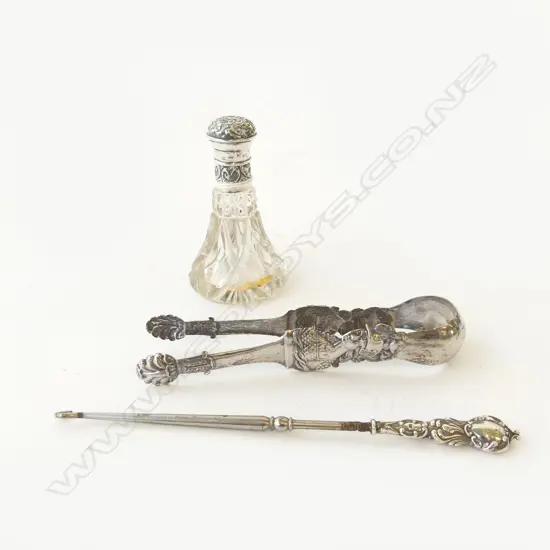 THREE SILVER ITEMS STERLING TOPPED PERFUME H.100mm TONGS & STERLING BOOT HOOK L.90mm