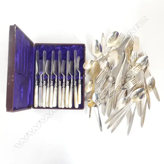 ASST. CUTLERY; GROSVENOR, CASED 12 PCE MoP FRUIT SET, 2 SPOONS