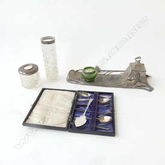 WMF ART NOUVEAU INKWELL W.310mm, ASST. STG SILVER; 3 VASES, SET TEASPOONS
