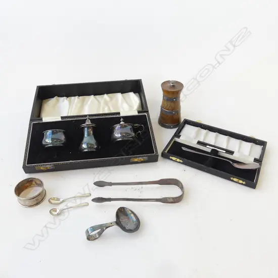 ASST. STG SILVER; CASED 3 PCE CONDIMENT SET, NAPKIN RING, 2 SPOONS, TONGS, DEPOSE GRINDER 188gms