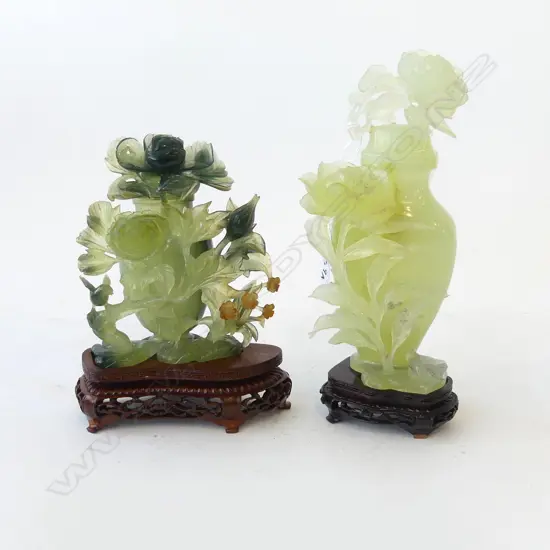 2 CARVED JADE VASES ON STANDS (TALLEST w. REPAIRS) H.230mm