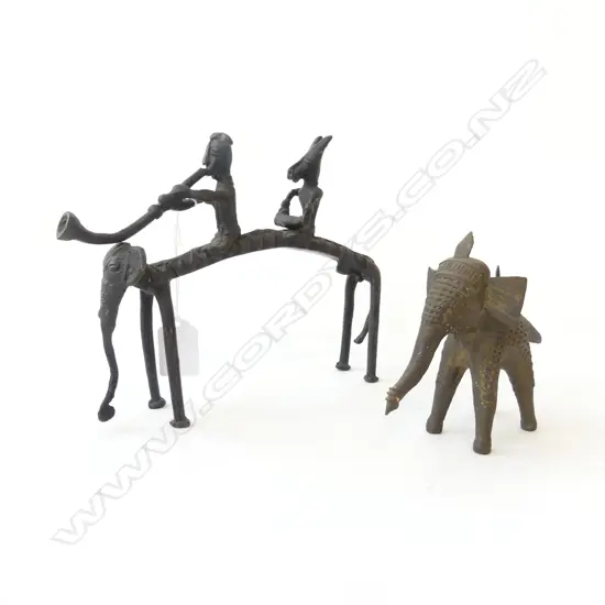 ANTIQUE BRONZE ELEPHANT WITH RIDERS + SML METAL ELEPHANT L.220mm