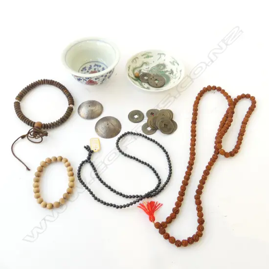 2 ORIENTAL DISHES 100mm dia + ASST. BEAD NECKLACES ETC