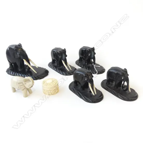 6 CARVED ELEPHANTS; 5 EBONY, 1 STONE H.115mm + SMALL IVORY LIDDED CONTAINER 50mm dia