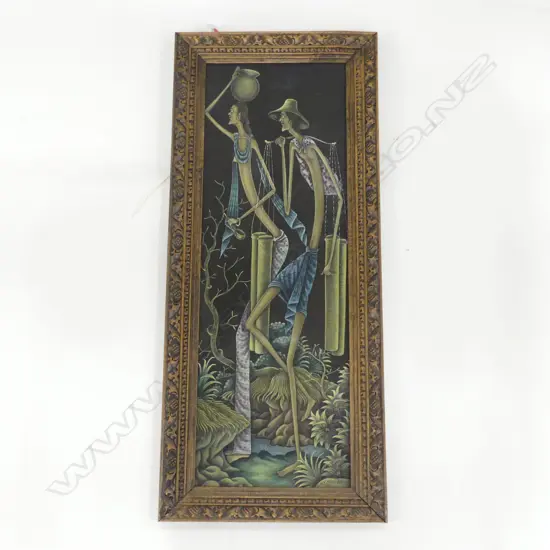 CARVED WOODEN FRAMED CANVAS OF STYLISED MALE & FEMALE CARRYING WATER. L.850MM W.370MM