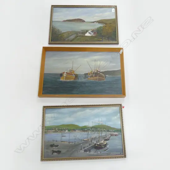 THREE NAIVE OIL ON BOARD WORKS BY C MCKILLOP ONE OF CAMPBELTOWN HERRING BOATS 370X600mm TWO OTHERS PORT SCENES BOTH 335X