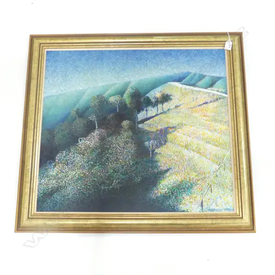TED (SANDERSON) KINDLEYSIDES ACRYLIC 'NORTHERN LANDSCAPE' (back of Pohoi) signed. Detailed verso 600 x 670mm