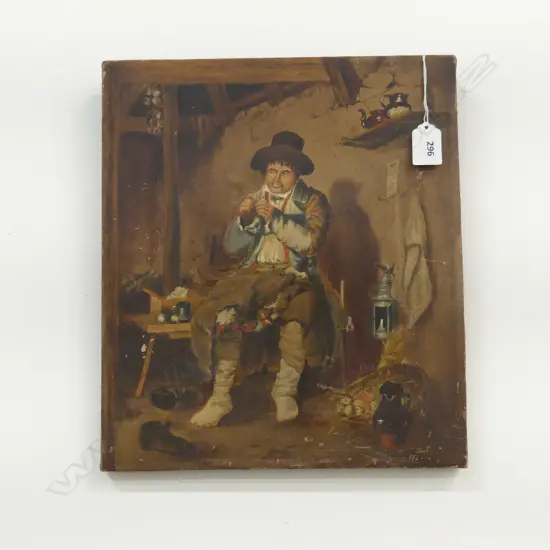UNFRAMED ANTIQUE PAINTING, 19thC MAN IN RURAL INTERIOR, OIL ON CANVAS 345x305mm