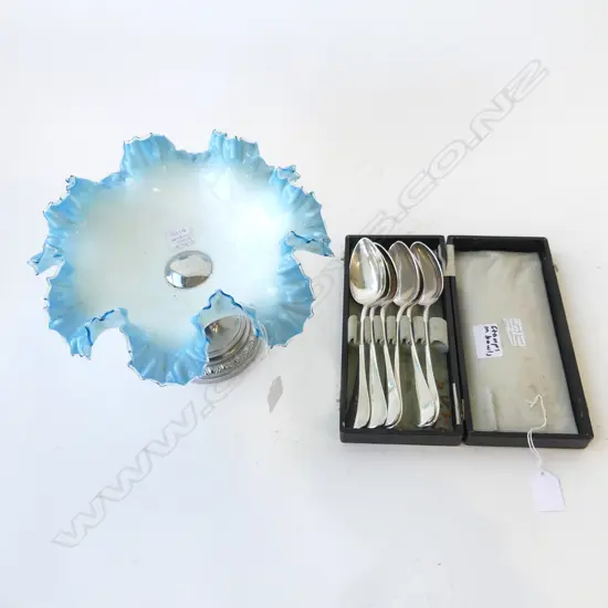 CASED SET FRENCH CHRISTOPHEL PLATE DESSERT SPOONS L240MM & MILKGLASS COMPORT DIA250MM