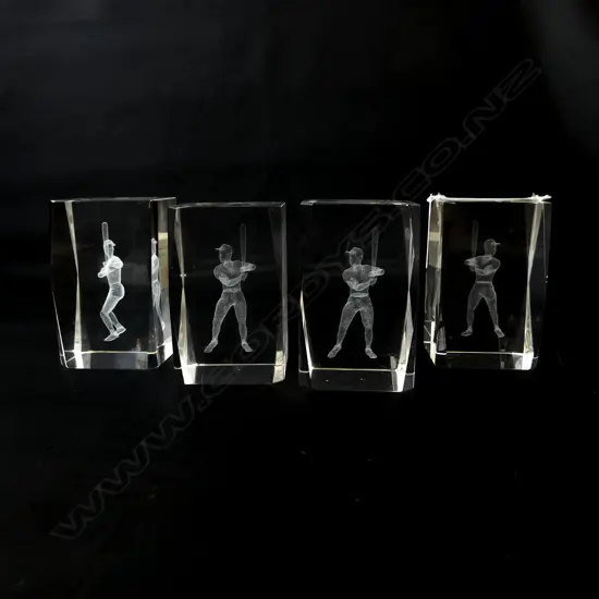 FOUR CRYSTAL PAPERWEIGHTS WITH BASEBALL HOLOGRAMS, H.80MM