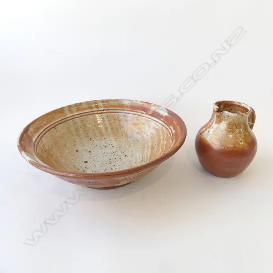 LG SHINO GLAZED BOWL, POTTER UNKNOWN 390mm dia + JUG H.175mm