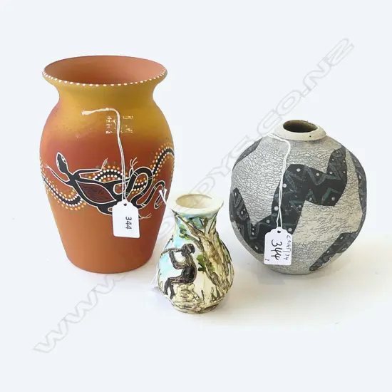 3 ABORIDGINAL STUDIO POTTERY VASES TALLEST 190MM BY J CROW