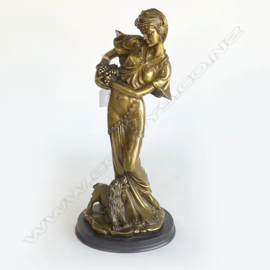 BRONZED RESIN FIGURE YOUNG WOMAN W GRAPES & DOG H.38mm