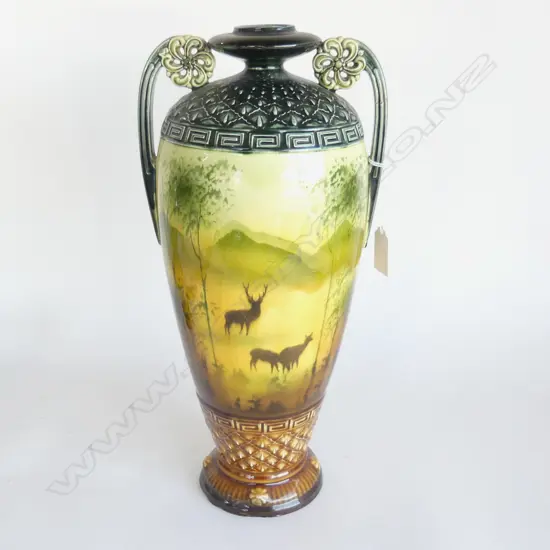 OLD ENGLISH POTTERY VASE scene with deer. Relief panels & handles H.360mm Shelton Pottery ? label to base