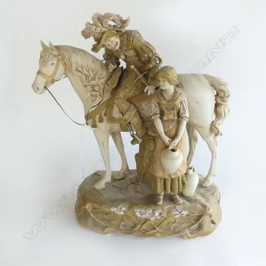 ROYAL DUX LGE GROUP cavalier upon his horse talking to a peasant girl with water jugs H.400mm #759. minor fault