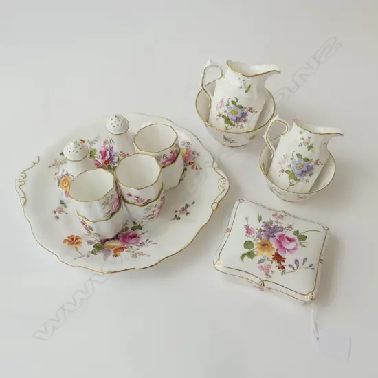ROYAL CROWN DERBY ‘POSIES’ 6 EGG CUPS, TRINKET BOX, SALT & PEPPER, TWO SUGAR BOWLS, TWO MILK JUGS, AND CAKE PLATE