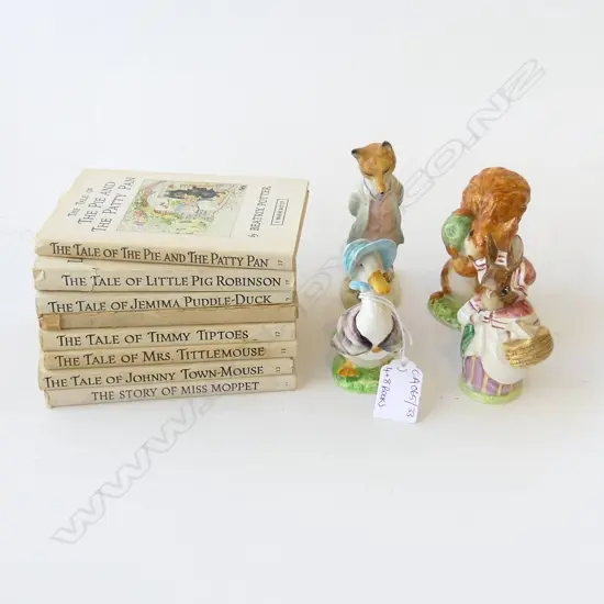 4 BESWICK BEATRIX POTTER FIGURINES + 8 BOOKS