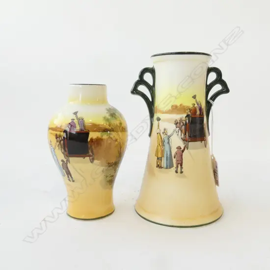 PR ROYAL DOULTON COACHING DAYS VASES, URN SHAPED H.150mm & GREEN HANDLED CONE SHAPED VASE H.180mm