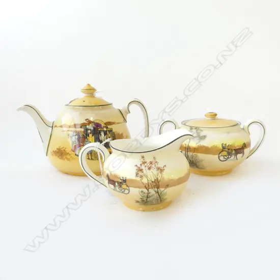 3 PC ROYAL DOULTON COACHING DAYS, RED DOOR TEAPOT, YELLOW DOOR MILK & SUGAR