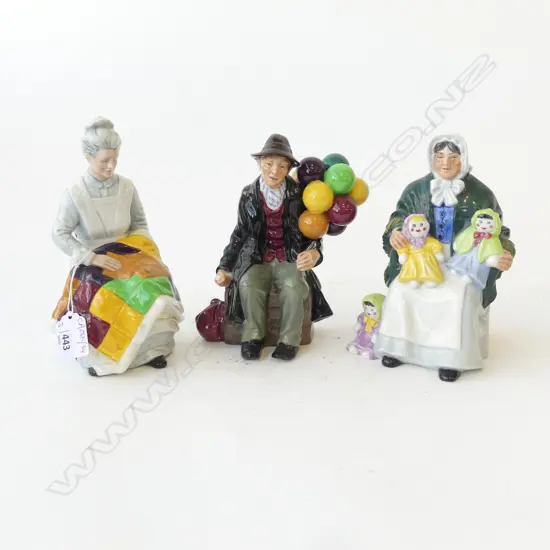 3 ROYAL DOULTON FIGURINES; BALLOON MAN, RAG DOLL SELLER, EVENTIDE H.195mm