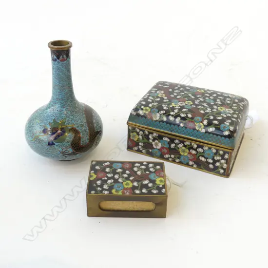 CLOISONNE VASE WITH DRAGON SWOLLEN SHAPE, 70 x 105mm, BOX L.95mm & MATCHBOXHOLDER 