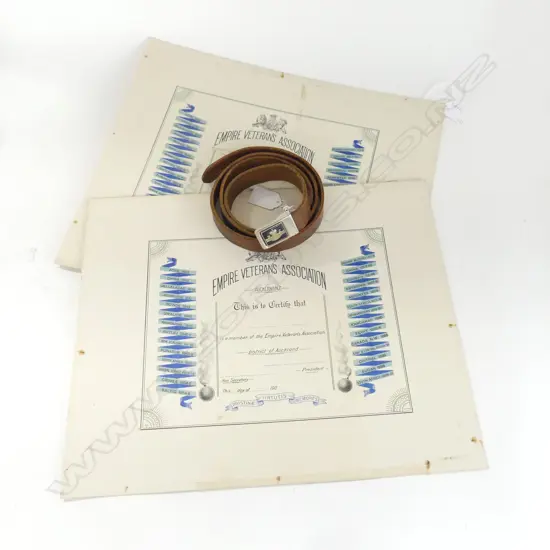 2 EMPIRE VETERAN'S ASSOCIATION CERTIFICATES & RETURNED SERVICES LEATHER BELT