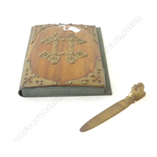 ANTIQUE FOLDER w. WOODEN COVER 295x220mm + BRASS HORSE PAPER KNIFE L.200mm