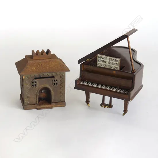 CLOCKWORK WINDUP MINIATURE GRAND PIANO, 160 x 80mm  & EARLY CAST IRON HOUSE MONEY BOX, 80 x 90mm