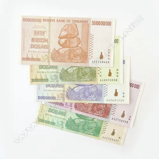 5 ZIMBABWE BANK NOTES; 1, 5, 10, 20, 50 BILLION DOLLARS