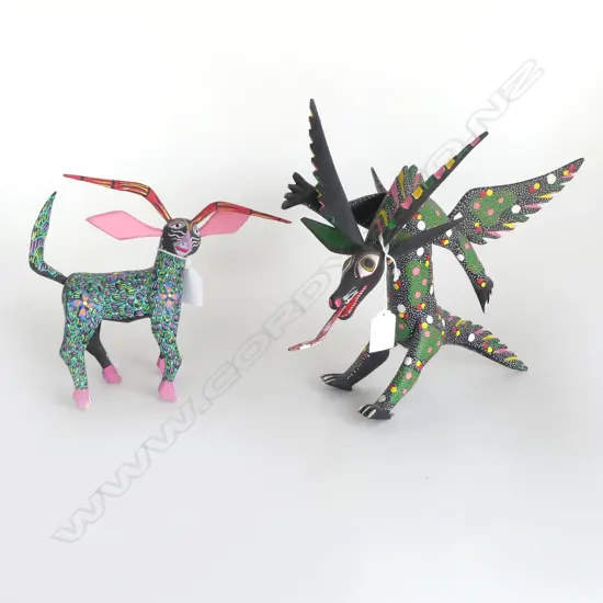 2 MEXICAN ALEBRIJIE DREAM CREATURES brightly painted H.265mm tallest