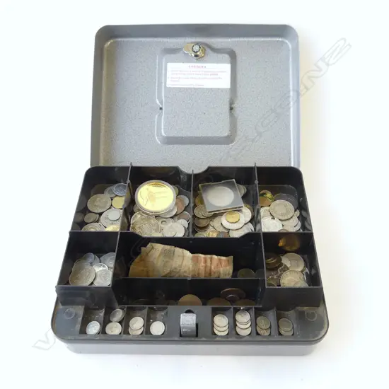 CASH BOX w. ASST. COINS MOSTLY NZ / UK