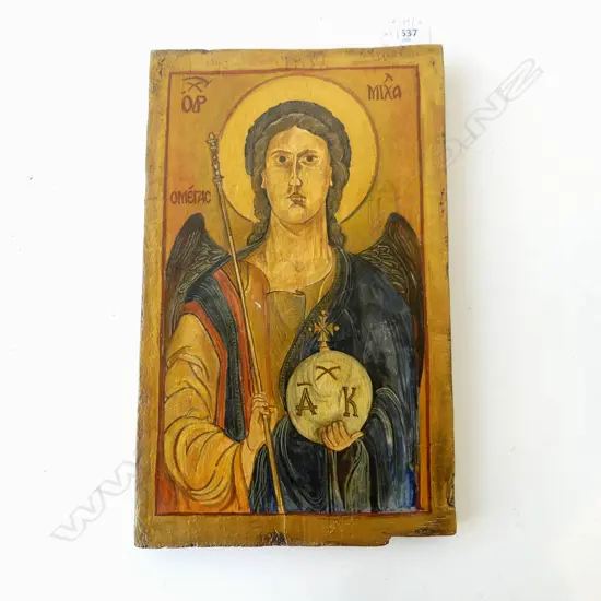 N+A HANTON 'ARCHANGEL MICHAEL' PIGMENT ON GESSO ON WOODEN PANEL, 2001 330x205mm