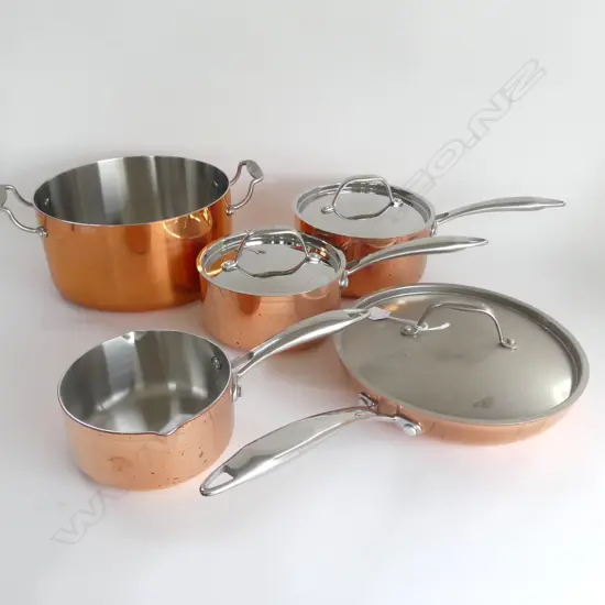 Set of five Stevens copper (tri-ply) cookware, stockpot, saucepans and sauté pan 