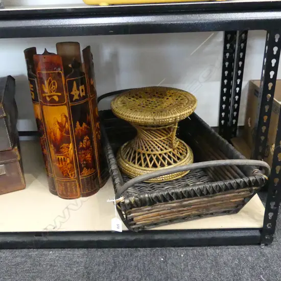 3 PCES; WOODEN TRAY W.590mm, CANED STOOL, VASE H.410mm