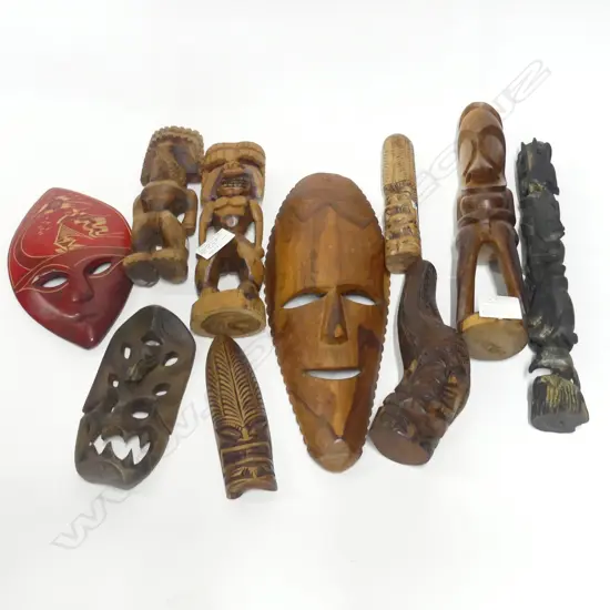 BOX OF 10 CARVED WOOD MASKS & FIGURES