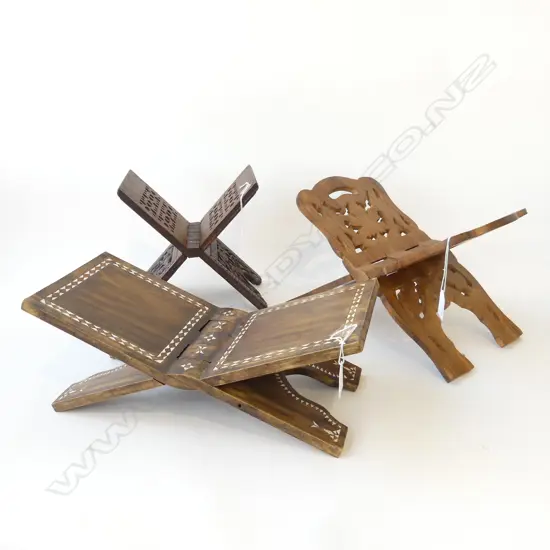 3 CARVED WOOD KORAN STANDS ONE WITH MOP INLAY L390MM