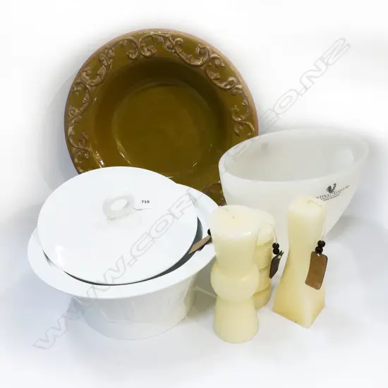 BERNARDAUD LIMOGES 'NAXOS' TUREEN 290mm dia HAIRLINE, LG GLAZED BOWL 385mm dia, ICE BUCKET & 3 CANDLES