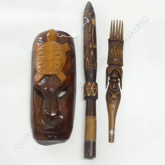 PACIFIC ISLAND WOOD MASK H570MM CLUB L800MM & FOOD STICK L640MM