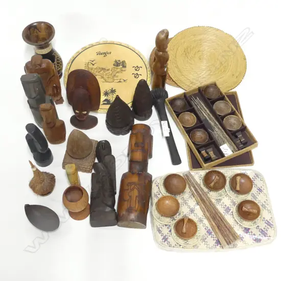 BOX LOT P[ACIFIC ISLAND WOOD CARVINGS MATS ETC