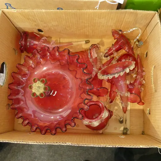 BOX OF CRANBERRY GLASS EPERGNE PARTS