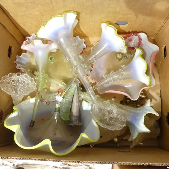 BOX OF VICT GLASS EPERGNE PARTS