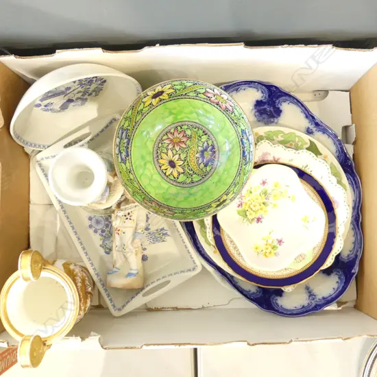 BOX LOT ASHETS PLATES VASES ETC