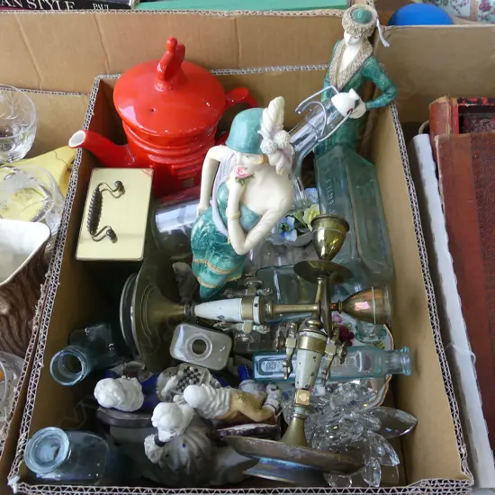 ASST. ITEMS; 2 DECO STYLE RESIN FIGURINES, CARRIAGE CLOCK, BOTTLES ETC