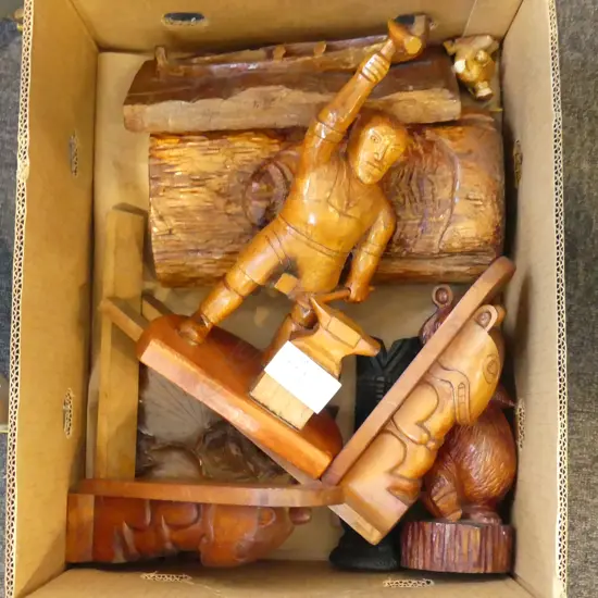 7 INUIT WOODEN ARTIFACTS (5 SCULPTURES, 1 PLATE AND 1 BOOK END), TALLEST 330MM 