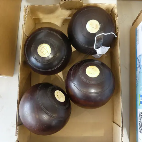 SET OF 4 ANTIQUE LIGNUM  VITAE WITH IVORY INSERTS BOWLING BALLS THOMAS TAYLOR GLASGOW SCOTLAND